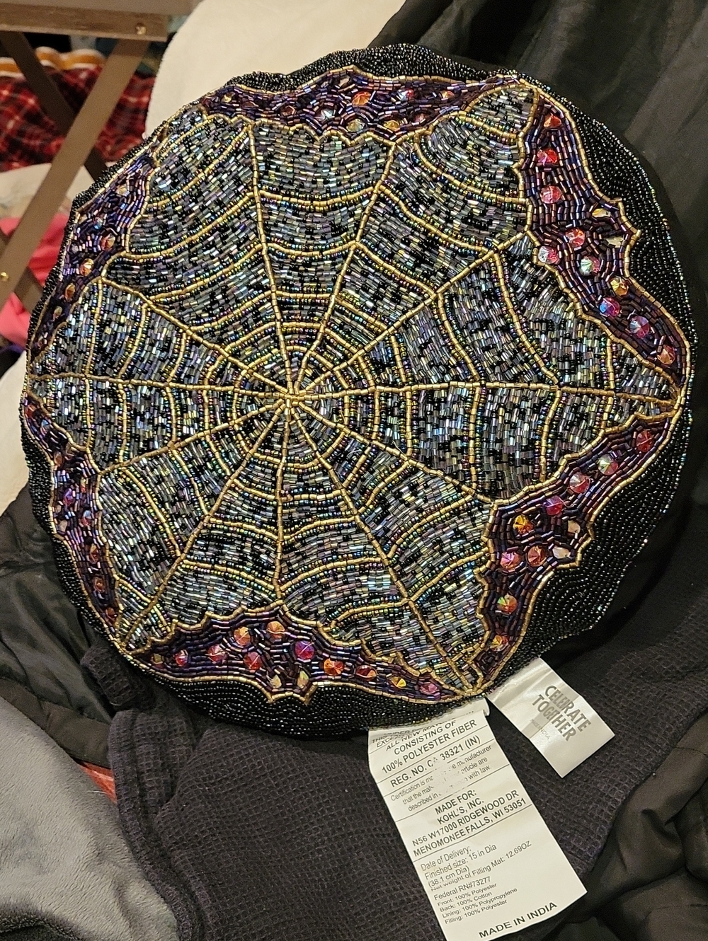 Hand Beaded Stunning Spider Web Large Throw Pillow Halloween,EUC